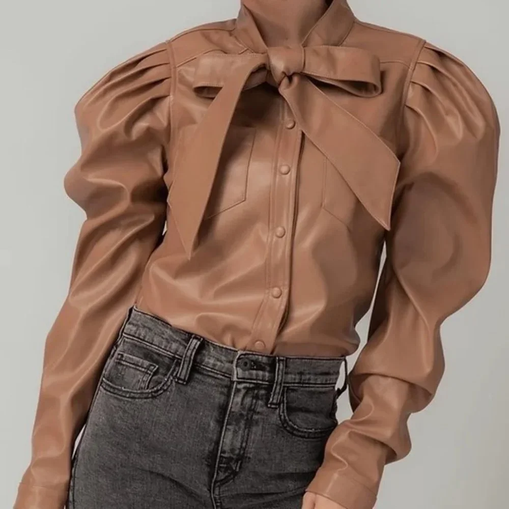 Aaron & Amber Leather Bow Tie Puff Sleeve Top Womens S Tan PU Blend Neutral NEW
